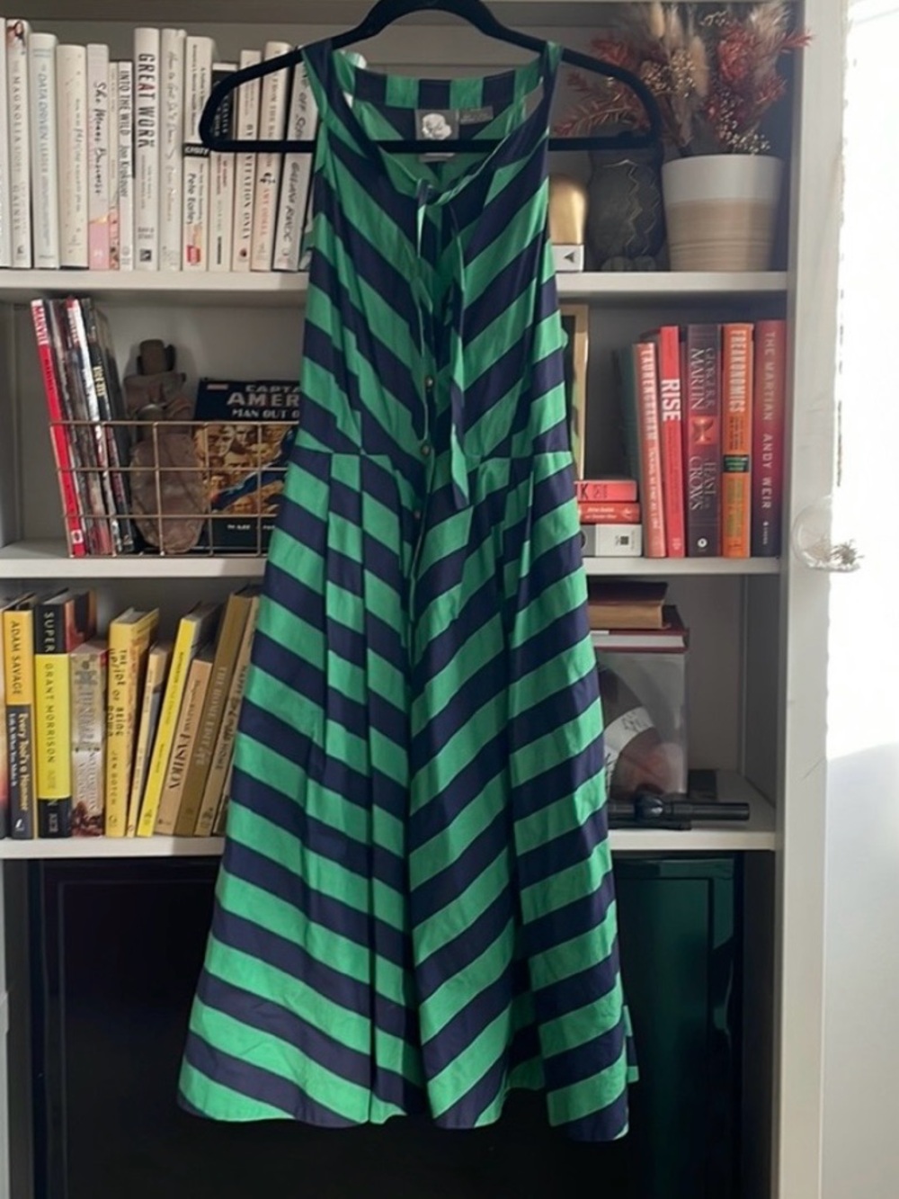 Girls from Savoy Sleeveless Green and Navy Striped A-Line Dress